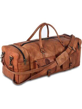 Men's Brown Leather Duffel Bag Sports Overnight Weekender Bag Adjustable Straps